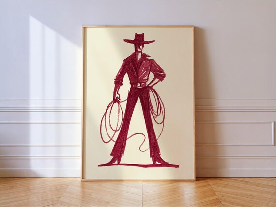 Burgundy Cowboy Sketch Art Print Minimalist Western Decor Rodeo Farmhouse Poster