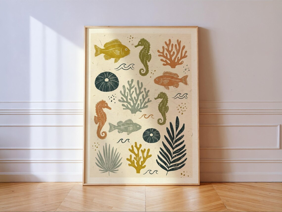 Seahorse Coral Block Print, Coastal Ocean Linocut