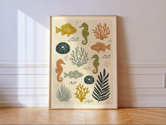 Seahorse Coral Block Print, Coastal Ocean Linocut