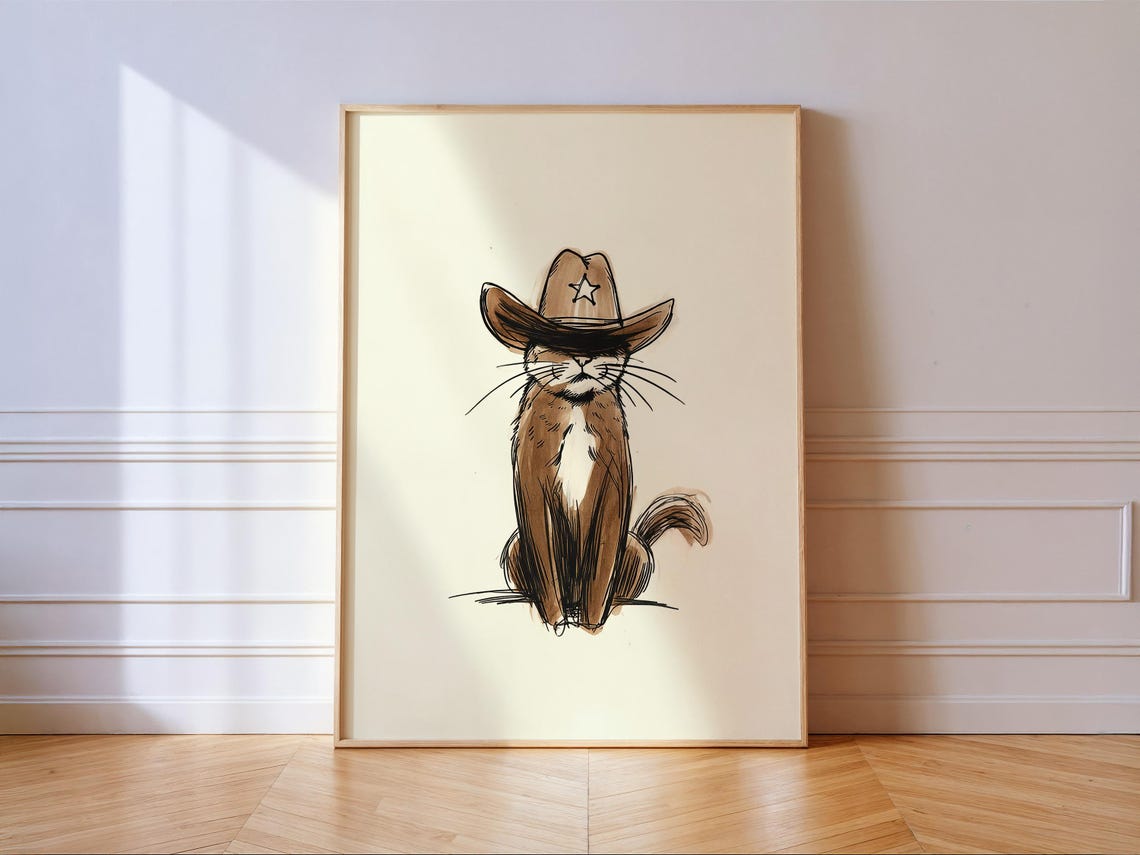 Cowboy Cat Sheriff Print Western Wall Art Brown