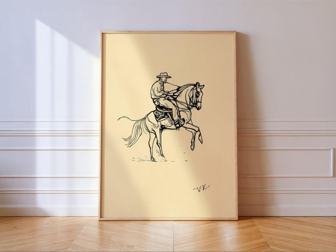 Cowboy Horseback Line Sketch Tan Minimalist Western Drawing Poster