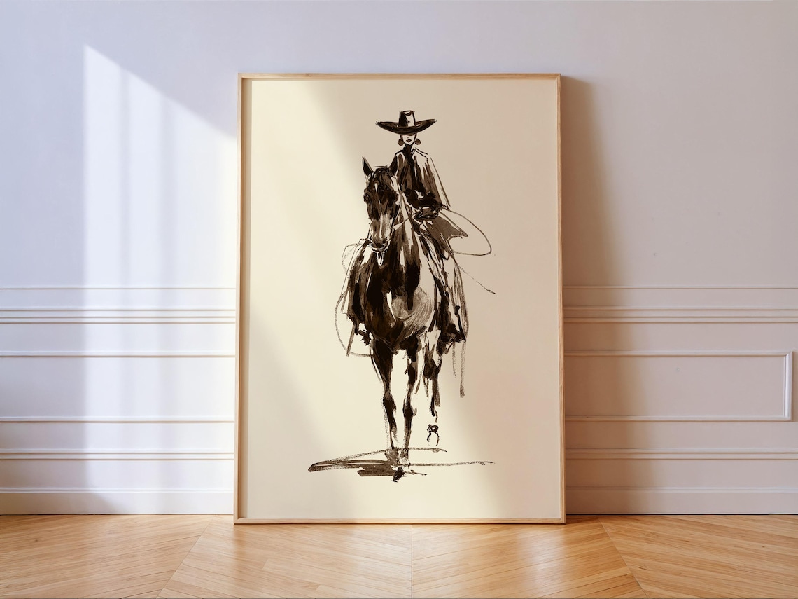 Cowgirl Line Art Print, Minimalist Western Rodeo
