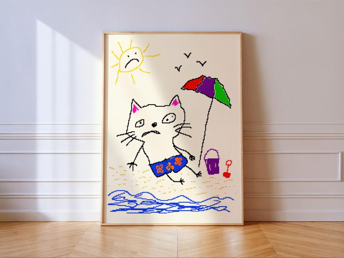 Grumpy Cat Beach Day Pixel Drawing Funny Ugly Cute Whimsical Cat Wall Art