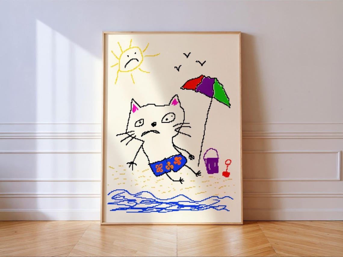 Pixel Art Beach Cat Print Retro 8bit Summer Wall