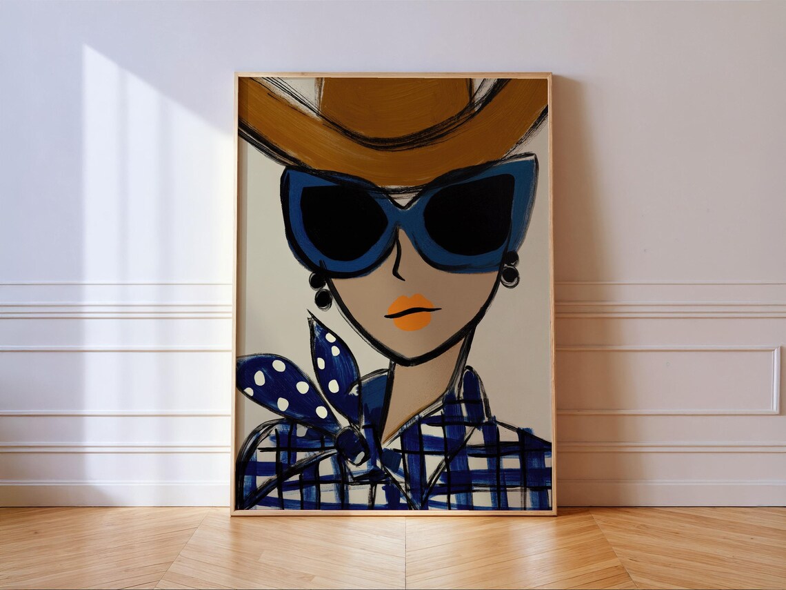 Chic Fashion Cowgirl in Blue Sunglasses, Glam Western Decor