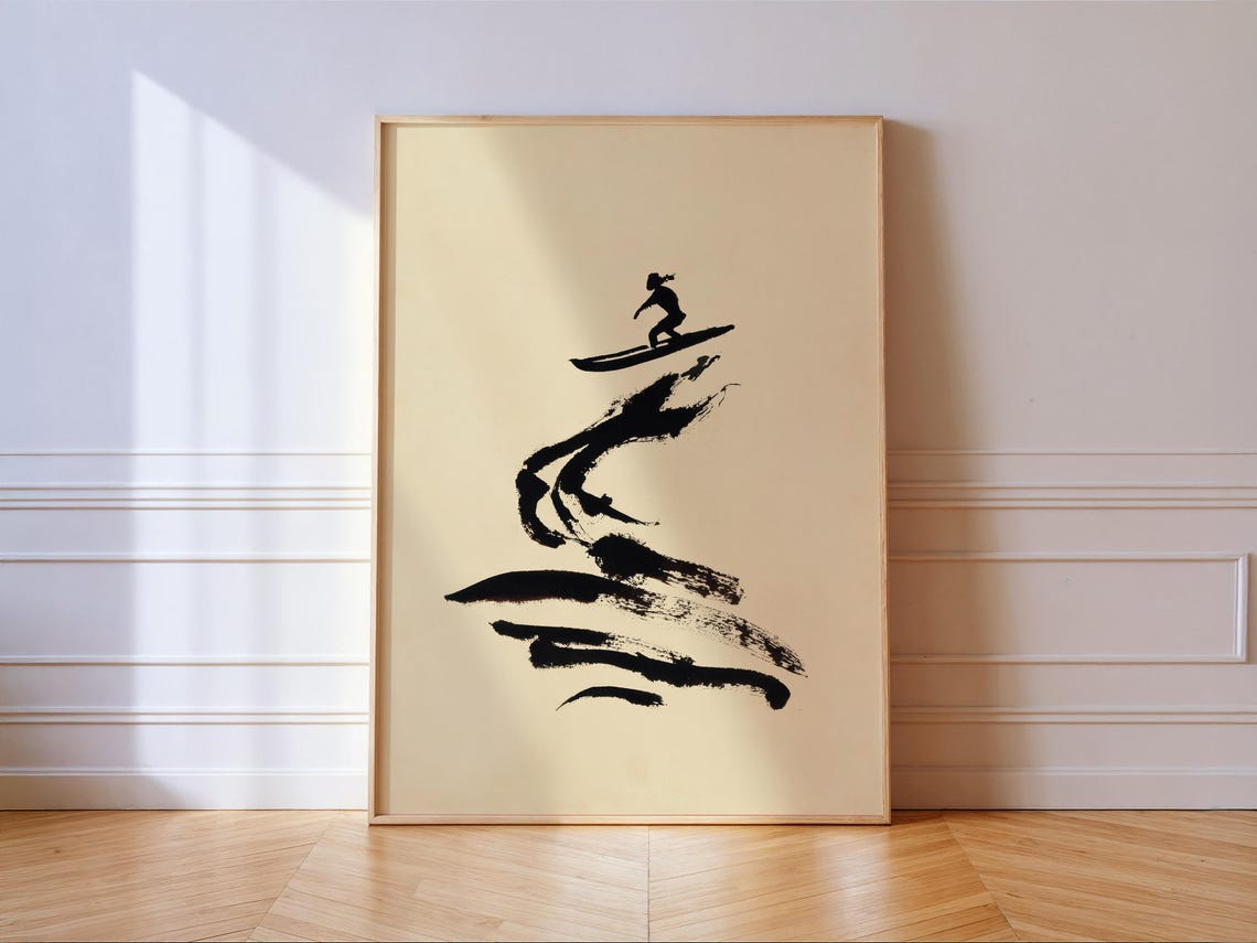 Minimalist Ink Surfer Riding Wave Black Brushstroke Japanese Wall Art