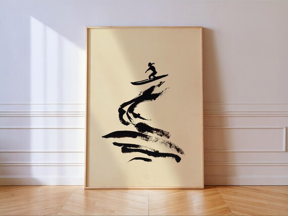 Minimalist Ink Surfer Riding Wave Black Brushstroke Japanese Wall Art