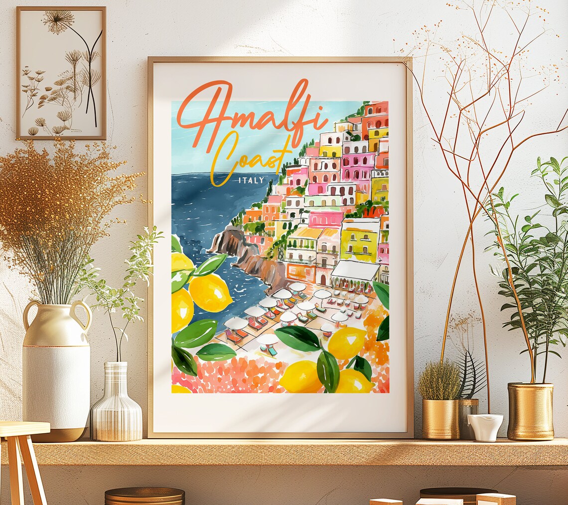 Amalfi Coast Italy Lemons Travel Poster, Summer Town