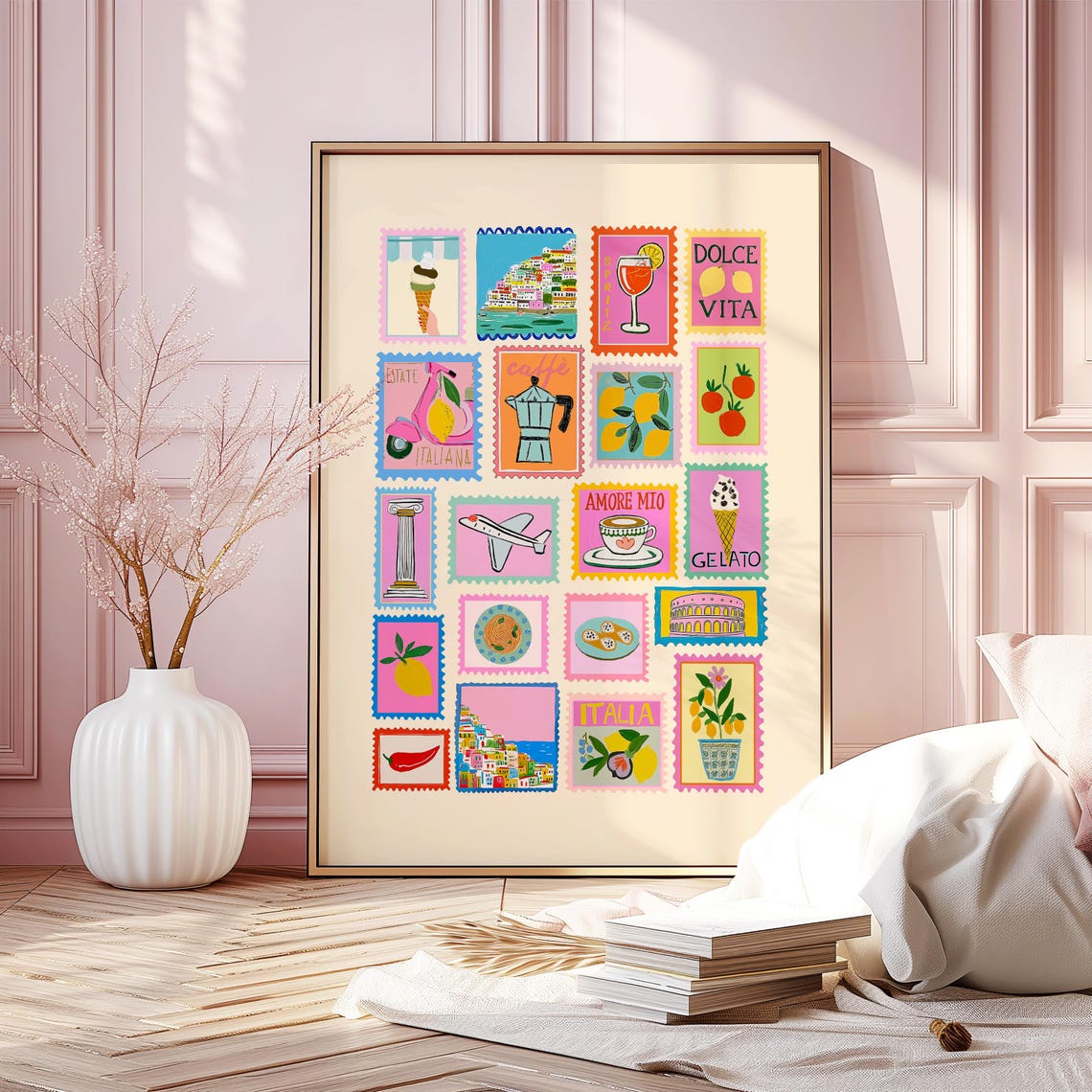 Italian Postage Stamp Collage Dolce Vita Travel Souvenir Art Poster