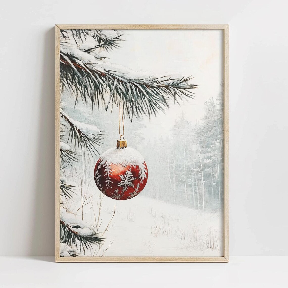 Red Glass Bauble Snowy Pine Branch Frosted Forest Winter Scene Poster