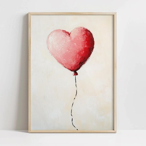 Pink Heart Balloon Print Minimalist Valentine Nursery Wall Art Cute Romantic Decor Girly Dorm Room Art Valentines Day Prints