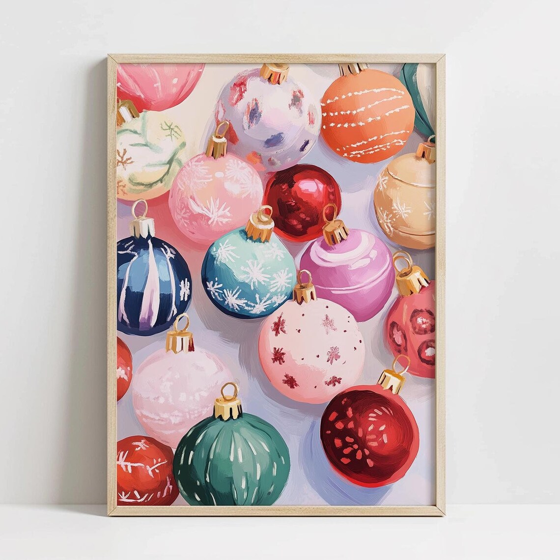 Colorful Painted Christmas Ornaments Pink Red Teal Preppy Style Poster