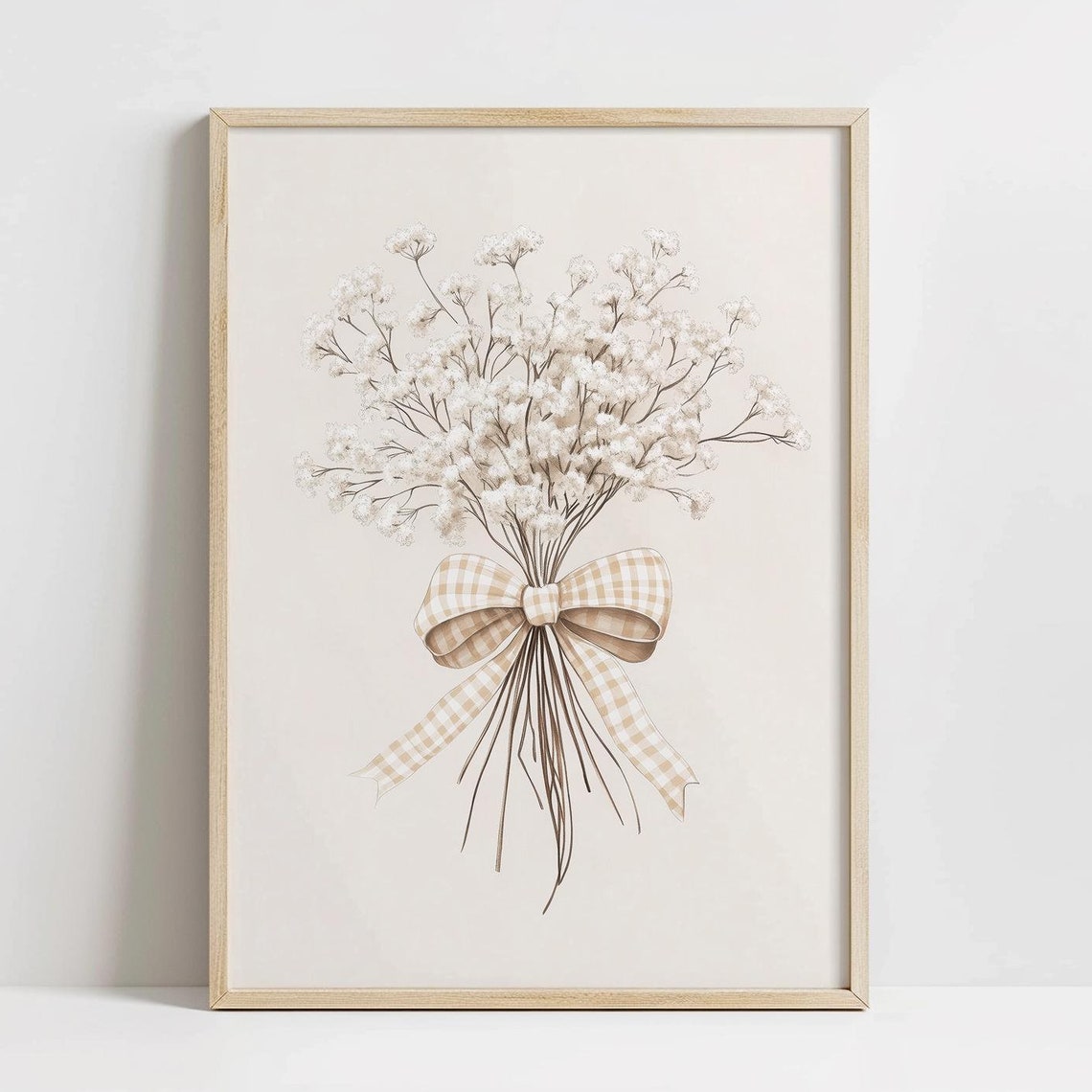 White Baby's Breath Bouquet with Gingham Bow Soft Neutral Wall Art