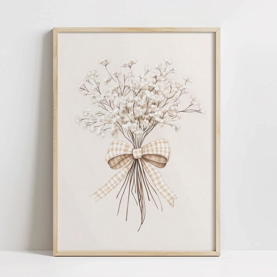 White Baby's Breath Bouquet with Gingham Bow Soft Neutral Wall Art