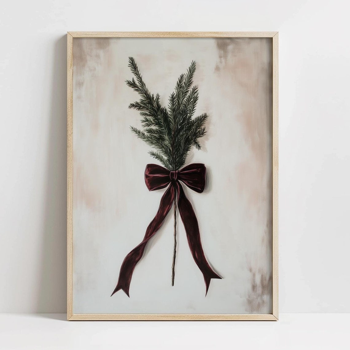 Evergreen Pine Branch Burgundy Velvet Bow Rustic Christmas Wall Print