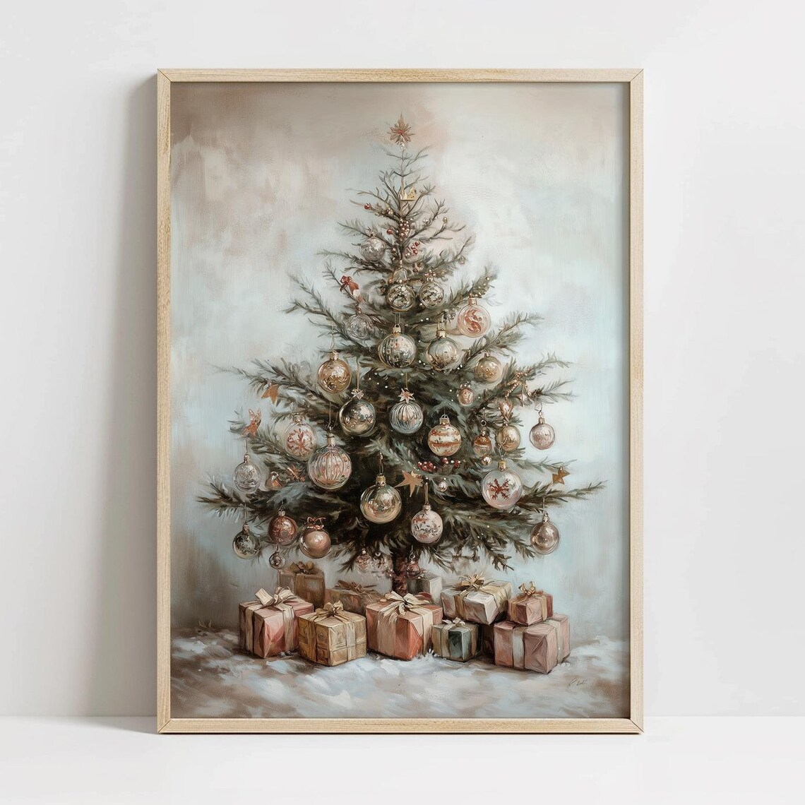 Vintage Victorian Christmas Tree Glass Ornaments Painting Print