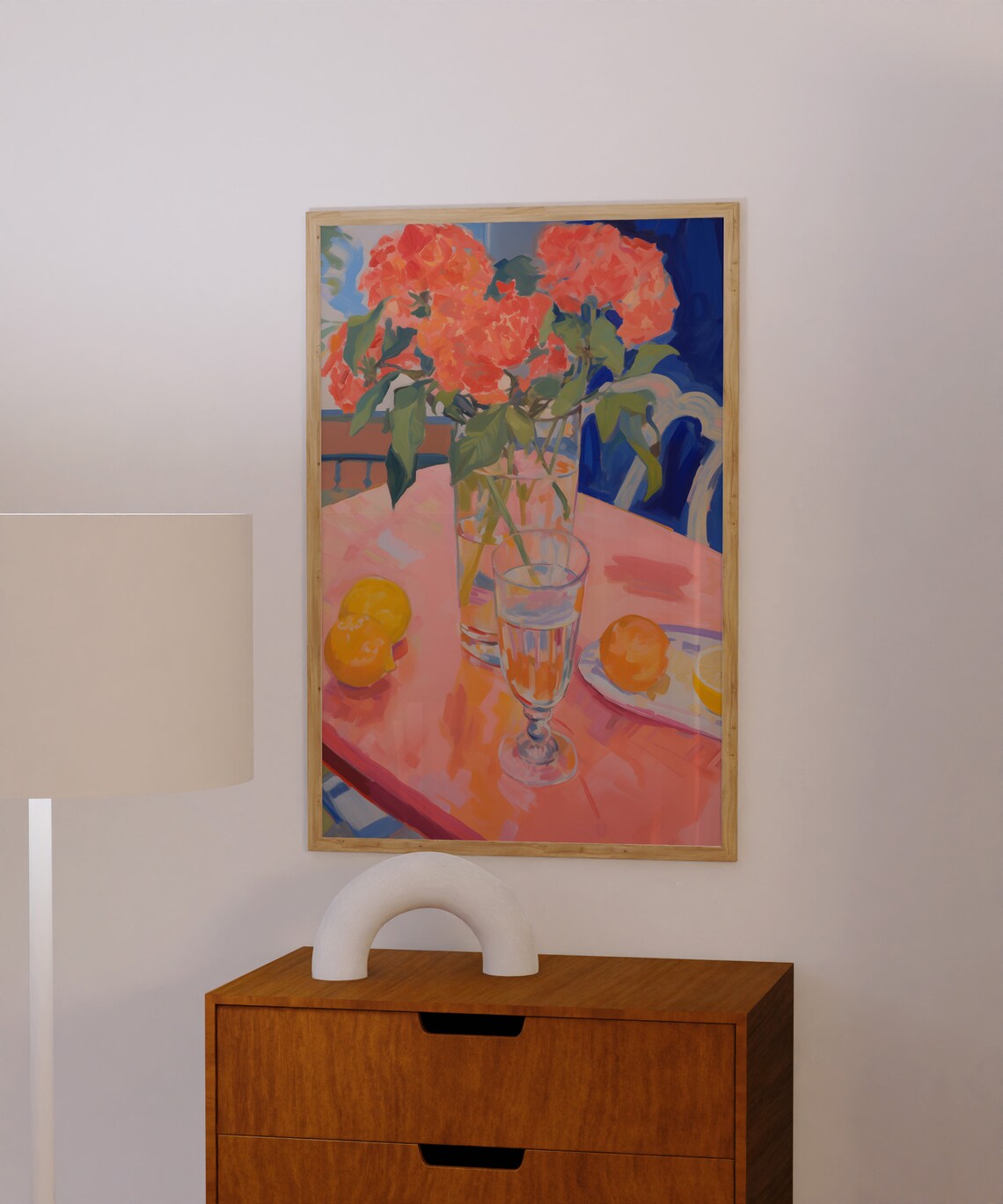Coral Flowers with Lemons on a Pink Table Still Life Kitchen Poster - Image 2