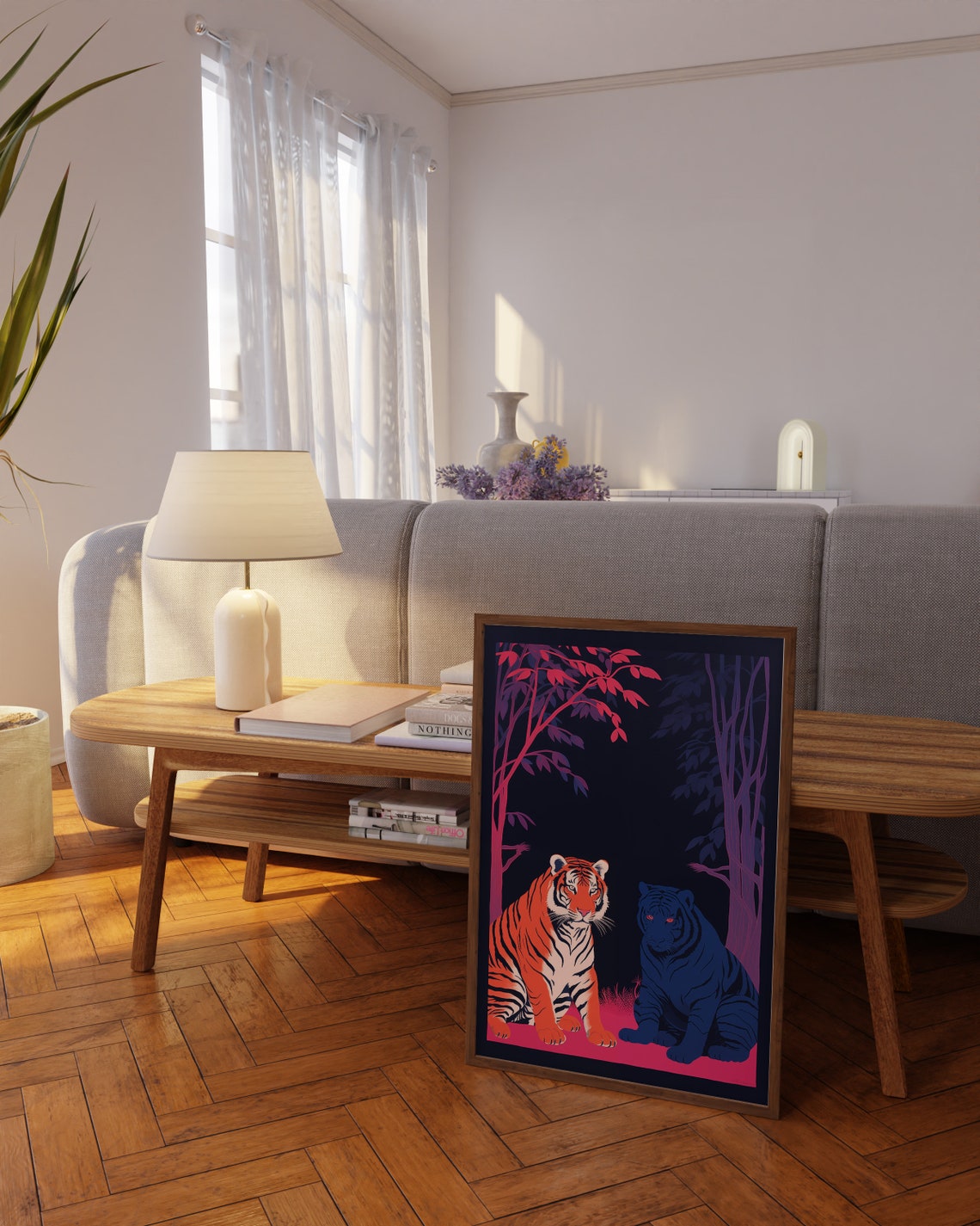 Two Tigers in a Neon Jungle Night Graphic Illustration Poster - Image 2