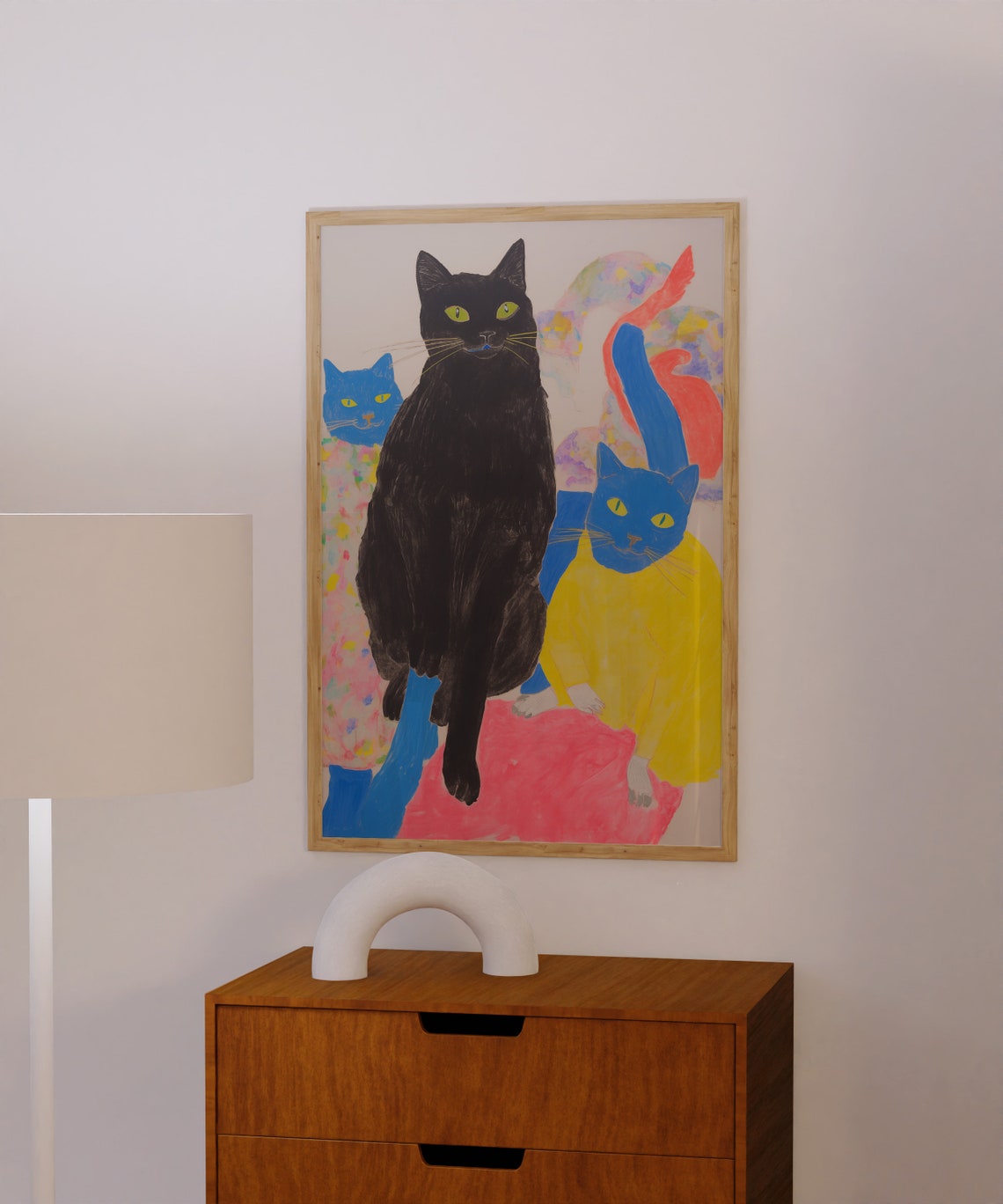 Black Cat with Blue and Yellow Cats Funky Maximalist Art Poster - Image 2