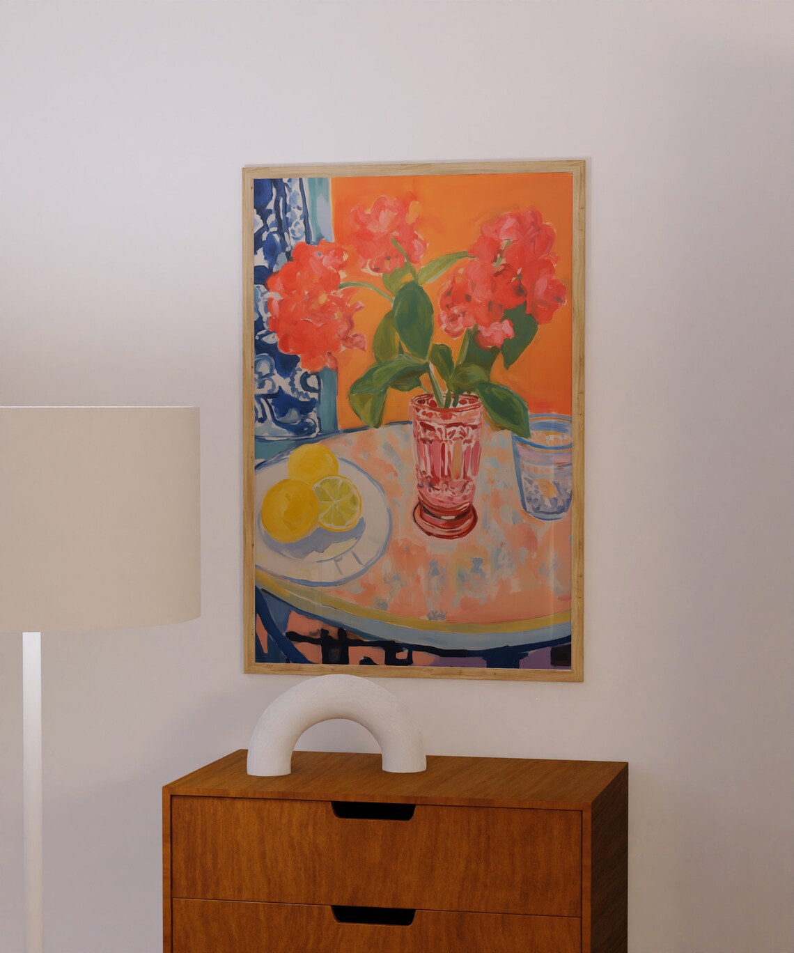 Coral Geranium Bouquet With Lemons Still Life Painting Poster - Image 2