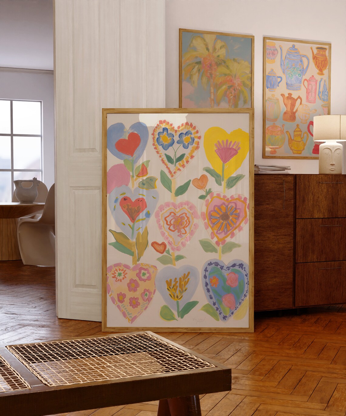 Folk Art Hearts Blooming with Flowers Colorful Grid Art Poster - Image 2