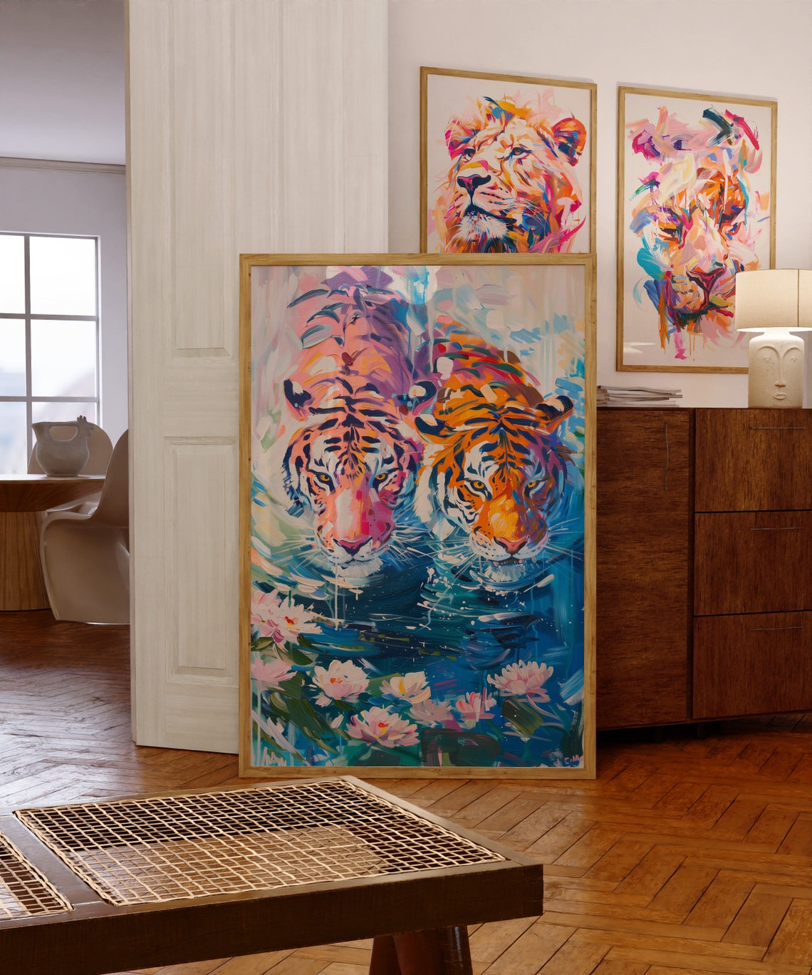 Two Tigers Swimming Among Water Lilies Painterly Maximalist Poster - Image 2