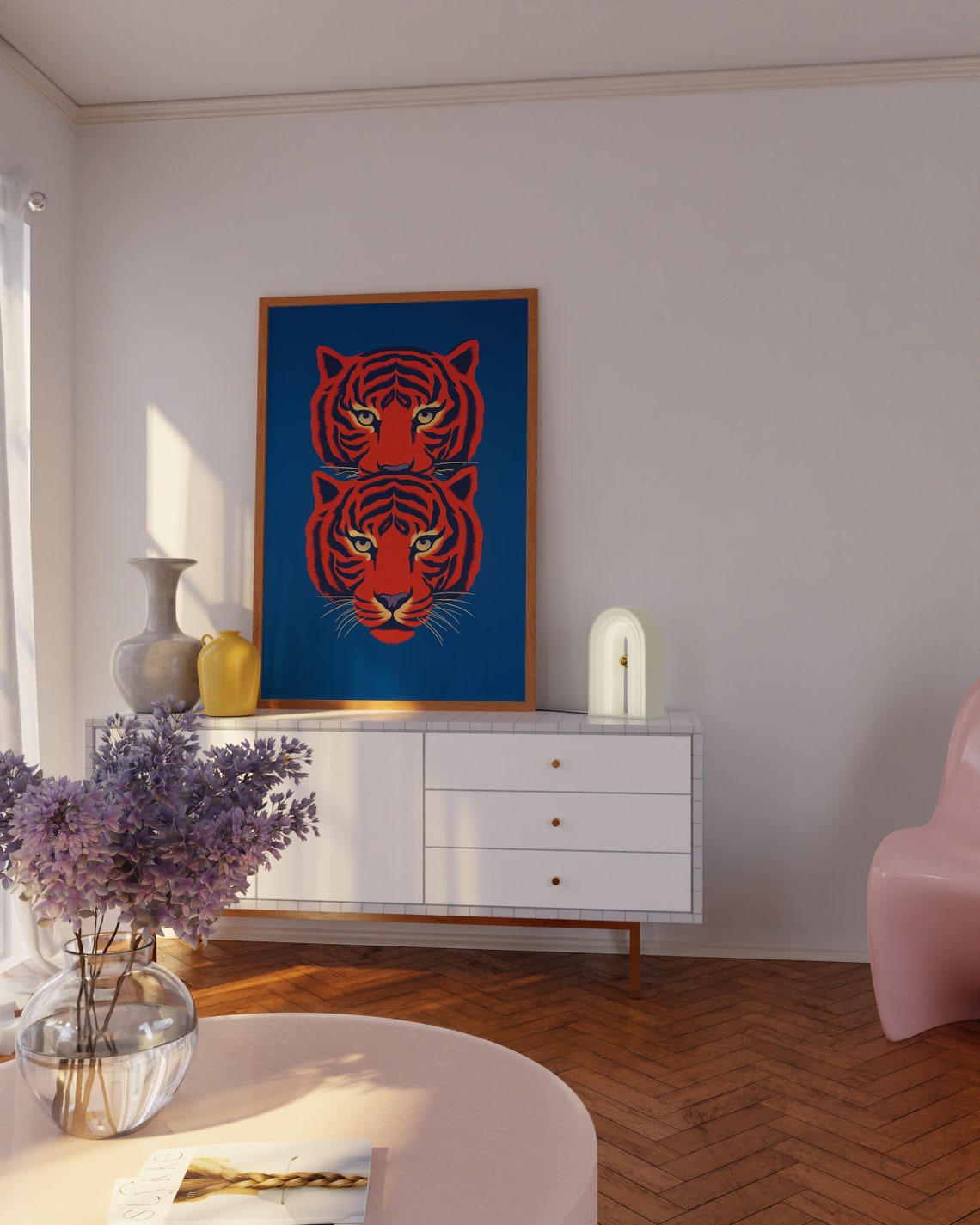 Mirrored Red Tiger Heads on Deep Blue Graphic Style Art Poster - Image 4