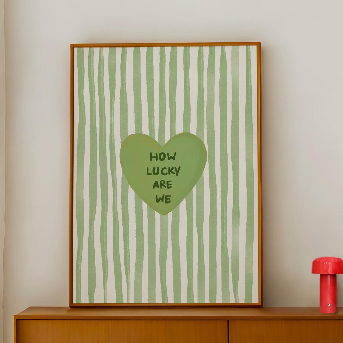 How Lucky Are We Green Heart Sage Stripe Gratitude Quote Poster