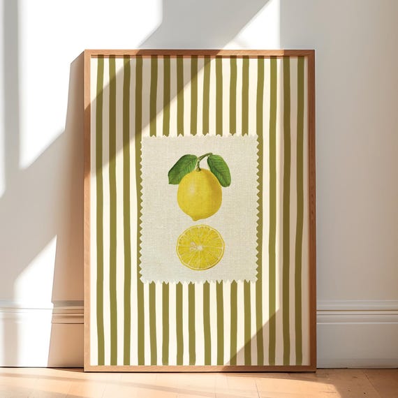 Sage Green Vintage Stripe Lemon Fruit Print Kitchen Wall Art Farmhouse Decor Minimalistic Retro