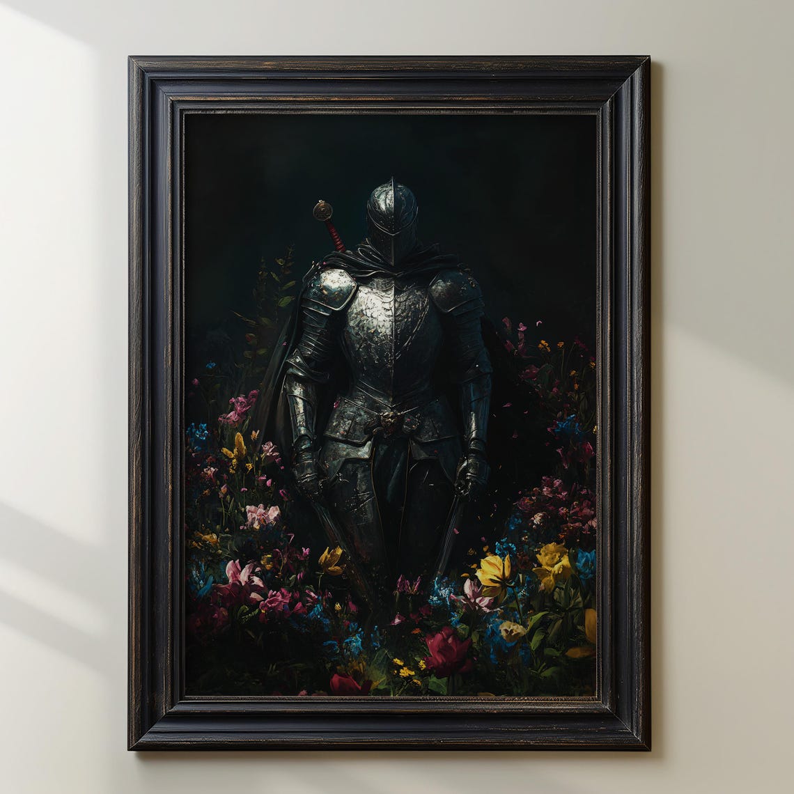 Dark Knight in Armor Standing Among Colorful Wildflowers Poster - Image 3
