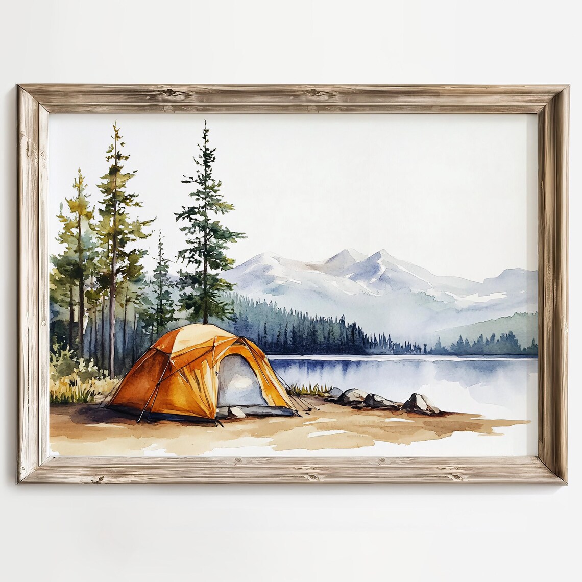 Camping Landscape Watercolor Art Print, Mountain Lake