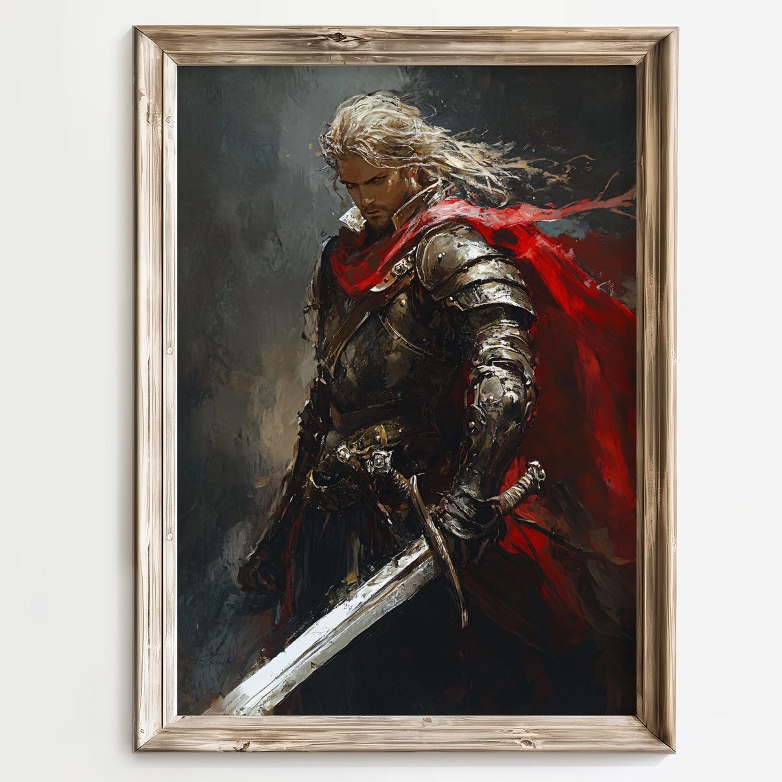 White Haired Knight In Armor Red Cloak Epic Fantasy Warrior Poster - Image 3