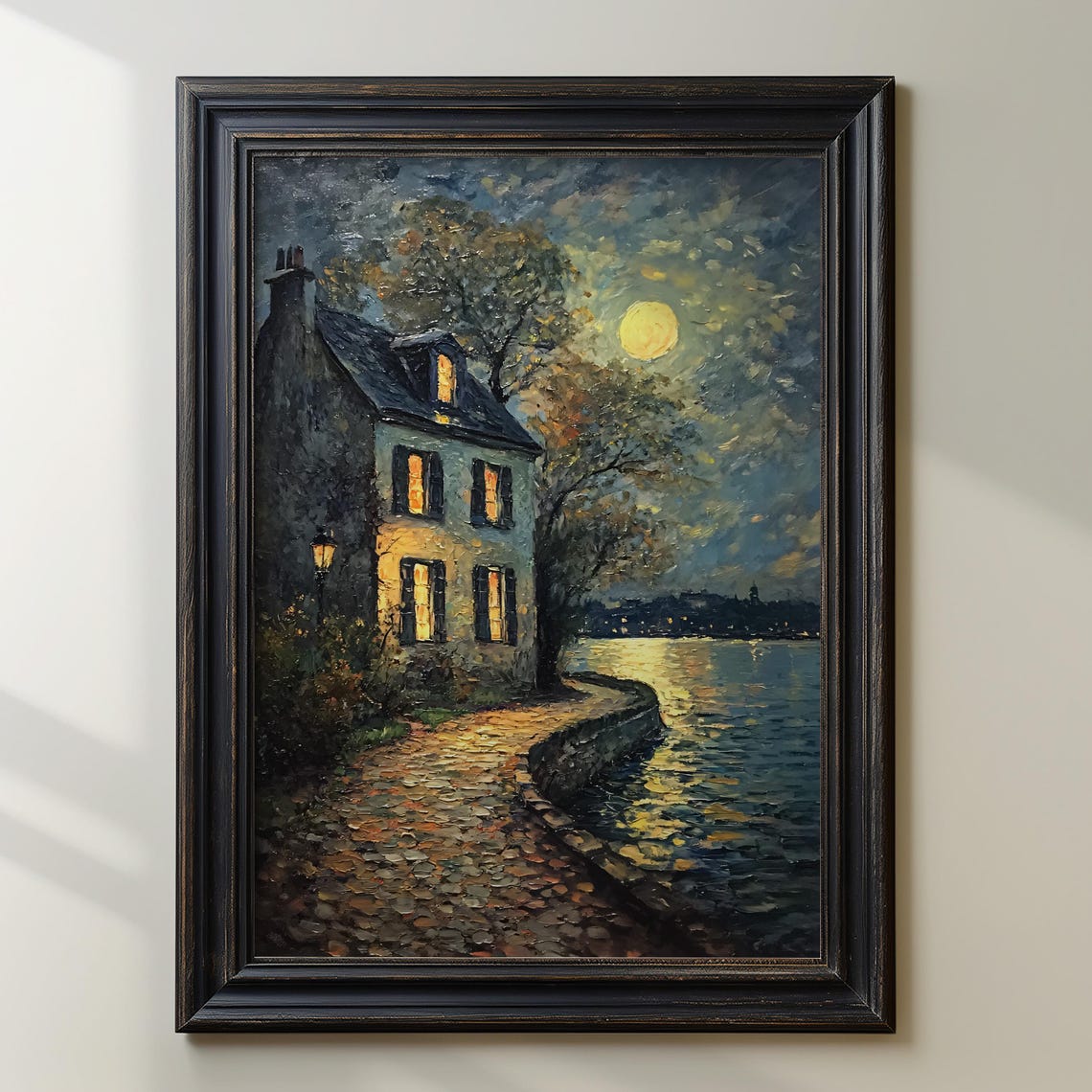Romantic Moonlit Cottage Impressionist Nightscape River Reflections Art Print Cozy Home By Water Warm Window Glow Evening Serenity - Image 4