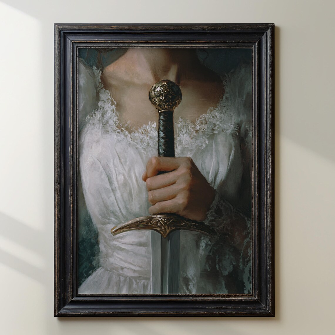 Victorian Woman Holding Ornate Sword Fantasy Elegant Scene Poster