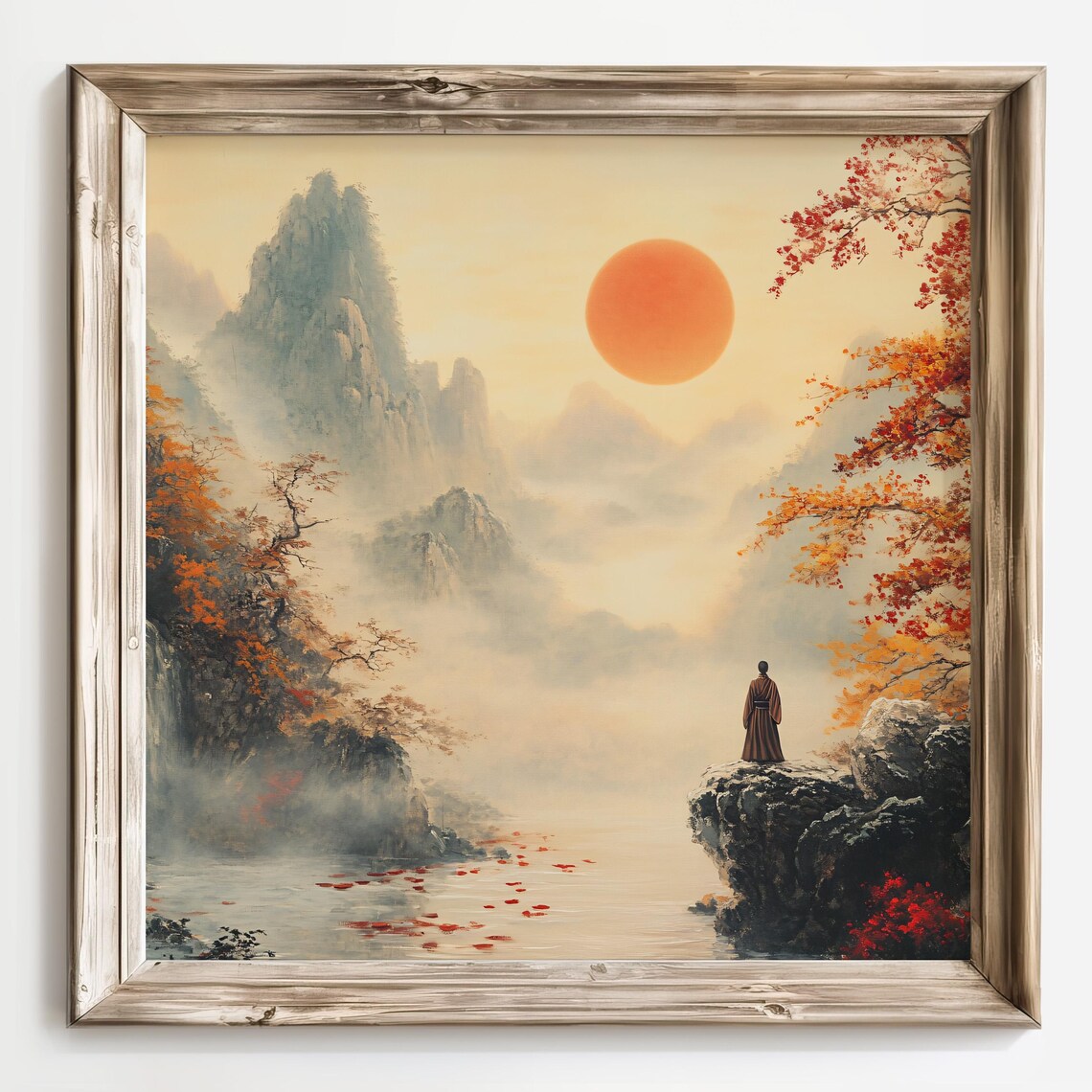 Red Sun Over Waterfall Misty Autumn Mountains Zen Travel Scene Poster - Image 2