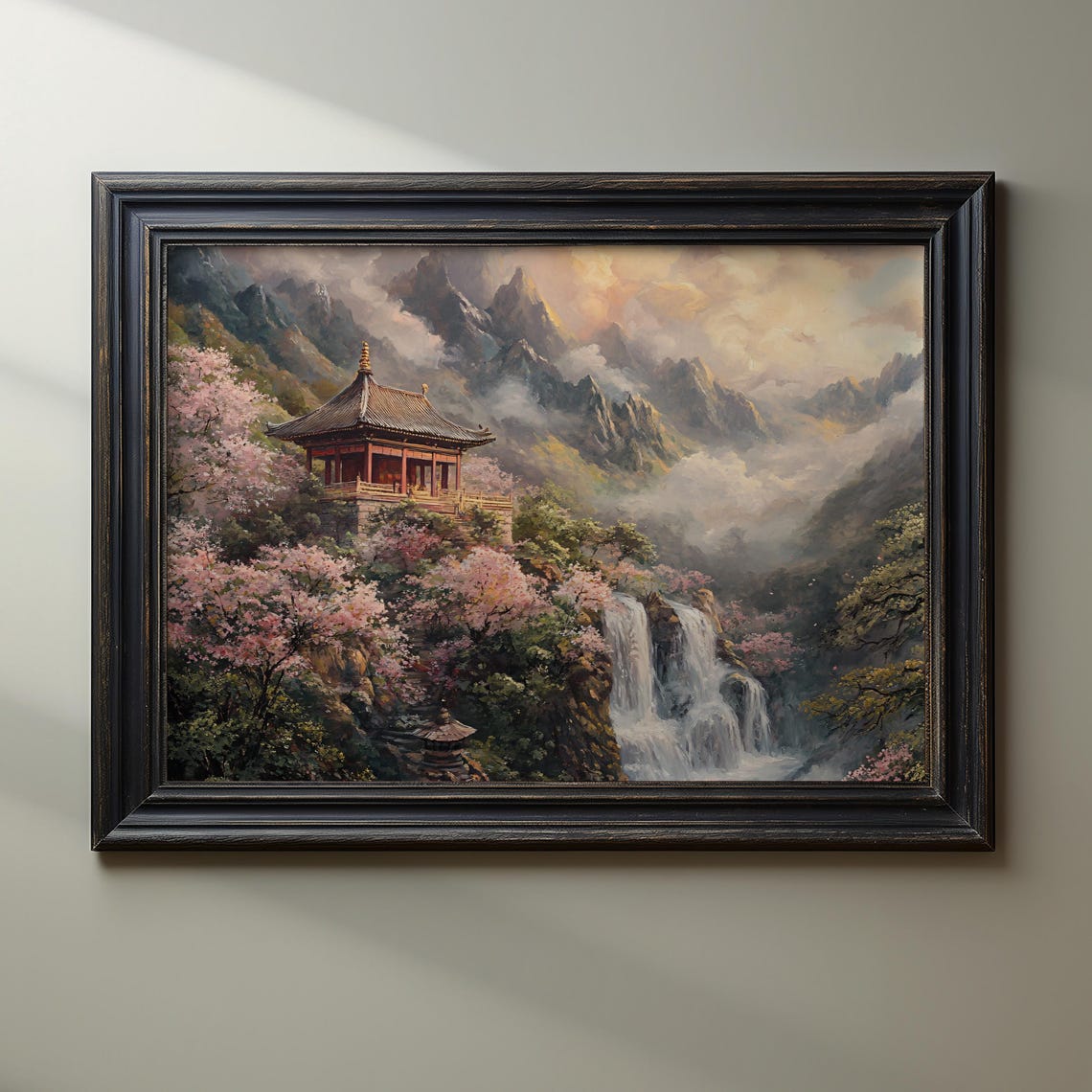 Asian Mountain Pavilion Amid Cherry Blossoms Waterfall Poster