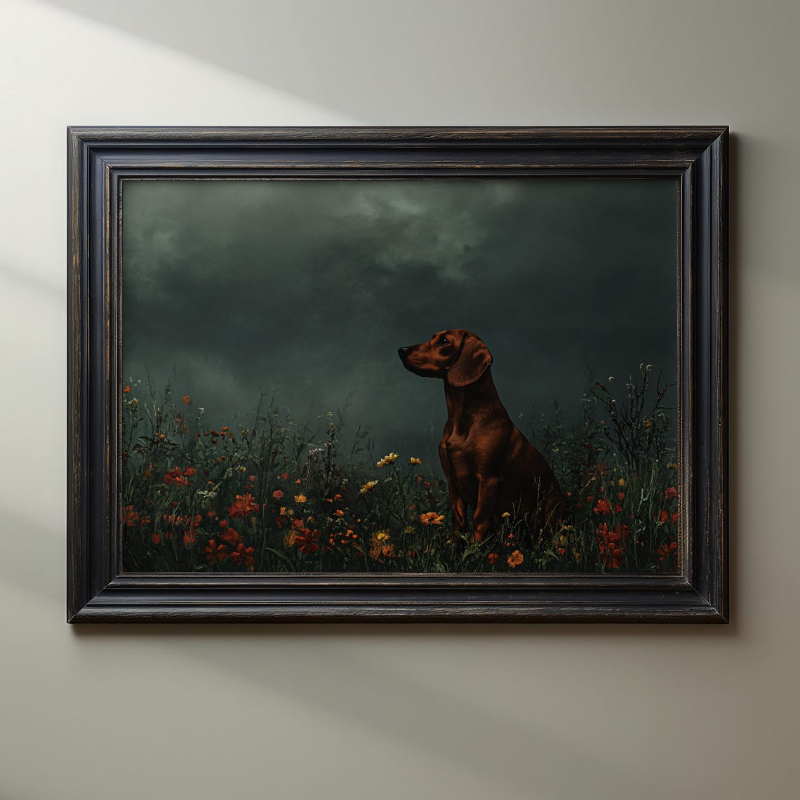 Dachshund Standing in Wildflowers Under a Stormy Dark Sky Poster - Image 3