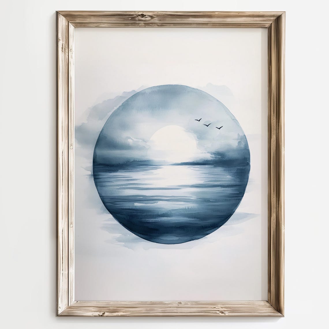 Blue Watercolor Ocean Circle with Flying Seagulls Minimal Poster - Image 2