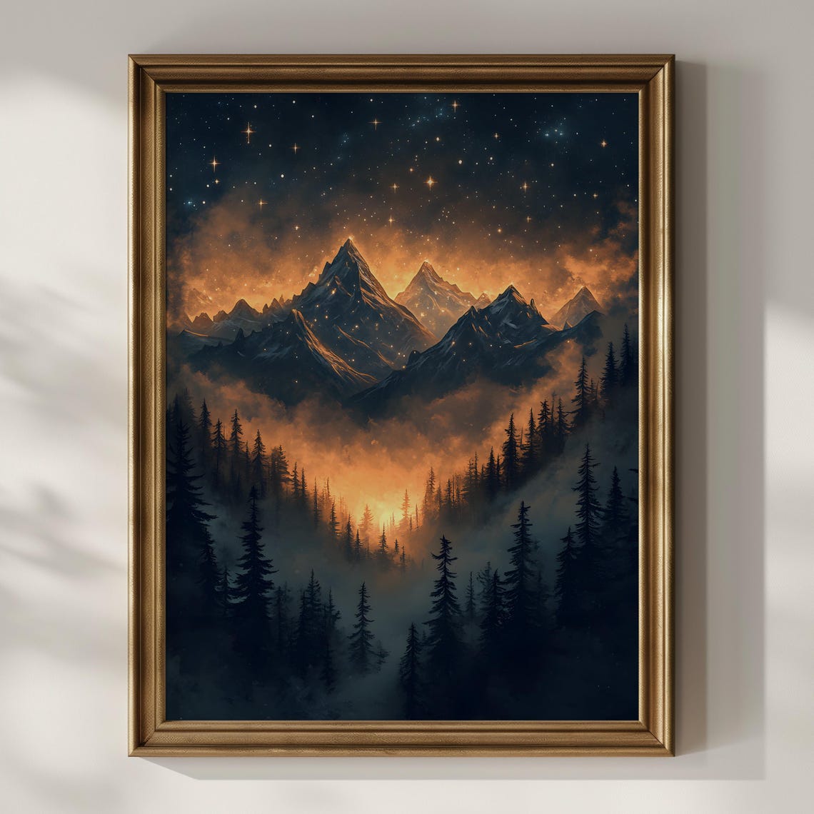 Mystical Mountain Landscape Print Fantasy Night Sky Art Glowing Forest Painting Celestial Starscape Decor Surreal Nature Wall Art - Image 2