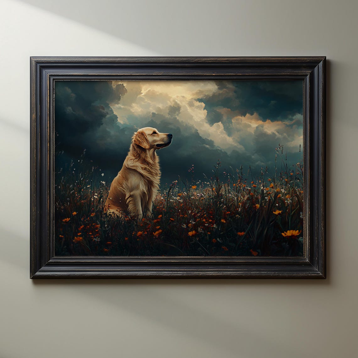 Golden Retriever in a Dark Wildflower Field Under Stormy Dusk Poster - Image 3