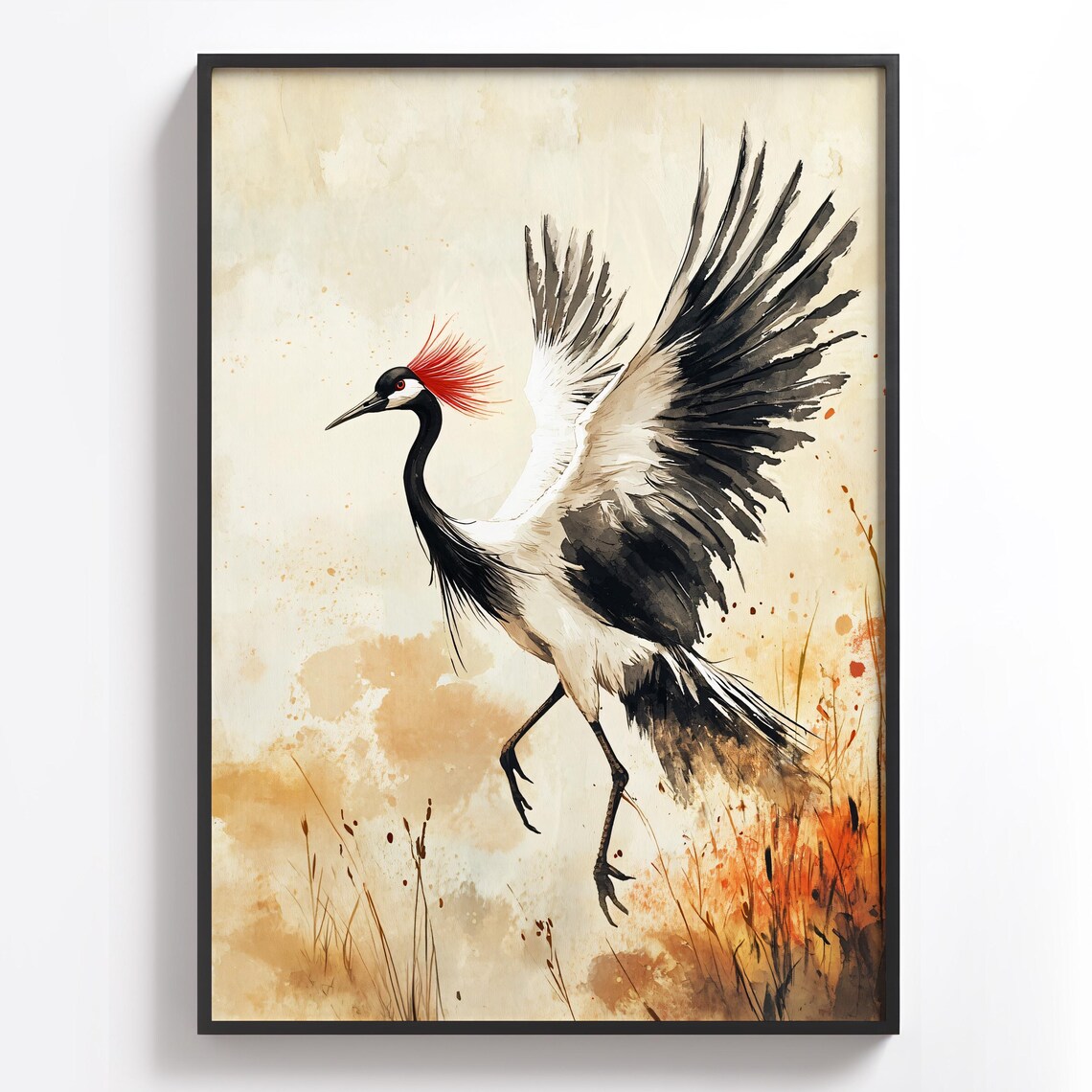 Red Crowned Crane Dancing Watercolor Japanese Bird Painting Poster