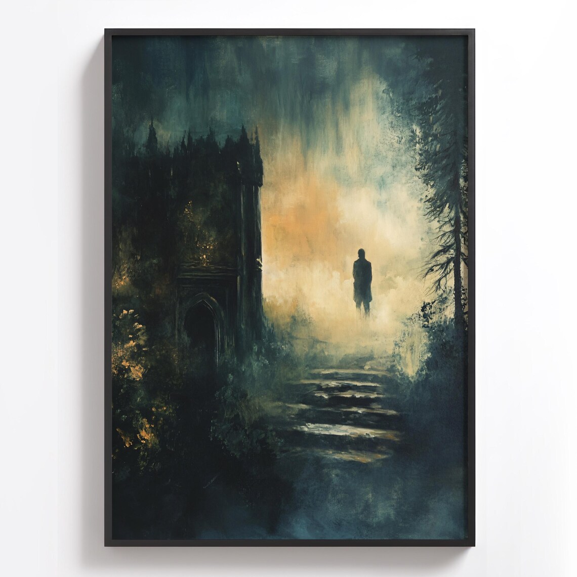Gothic Castle In Fog Lone Figure Dark Fantasy Mystery Scene Poster - Image 3