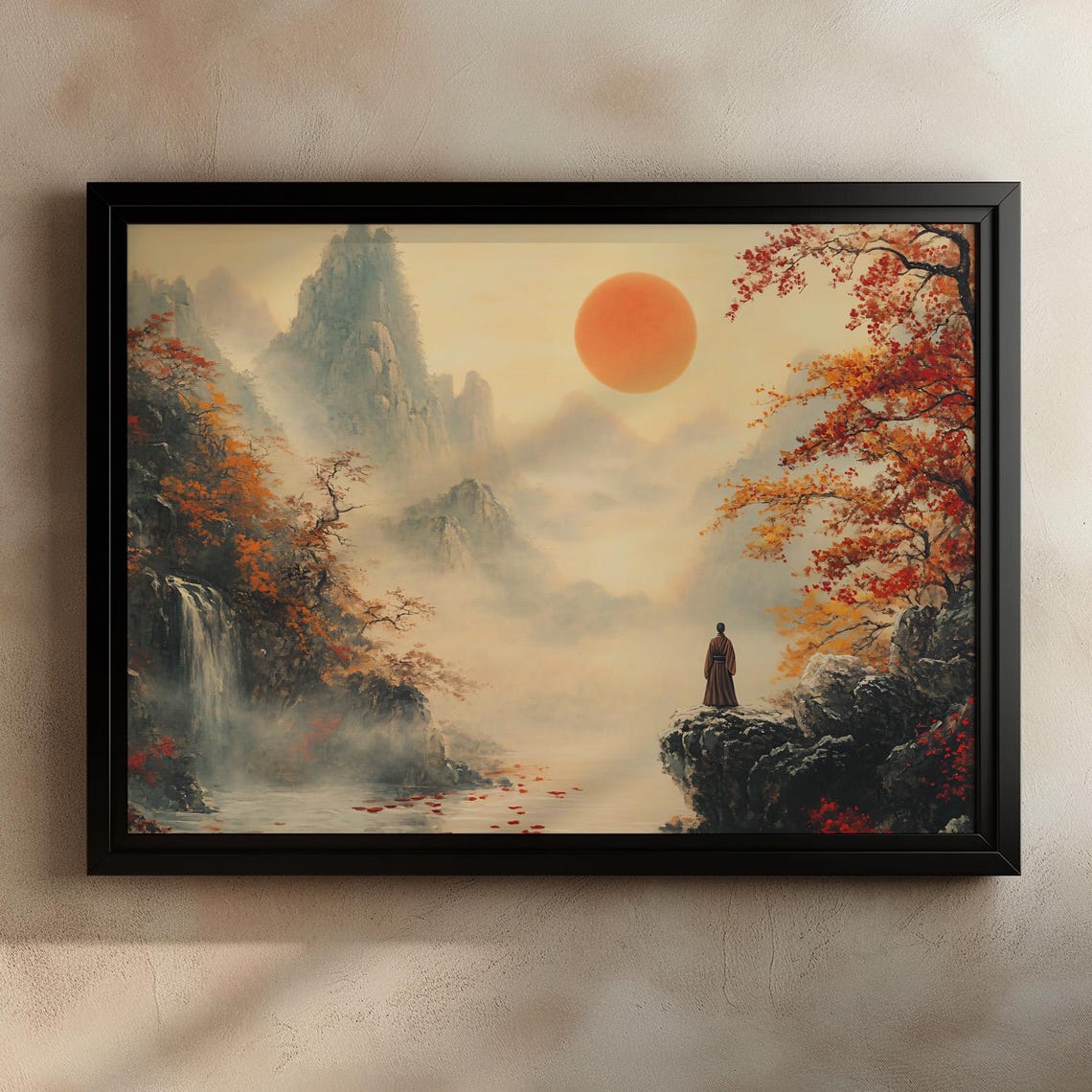 Red Sun Over Waterfall Misty Autumn Mountains Zen Travel Scene Poster - Image 3