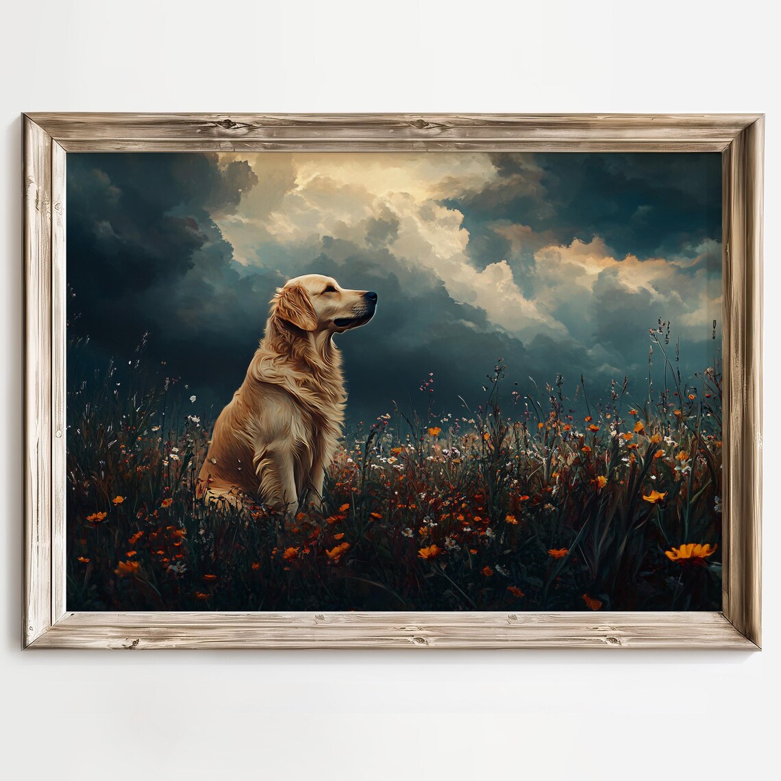 Golden Retriever in a Dark Wildflower Field Under Stormy Dusk Poster