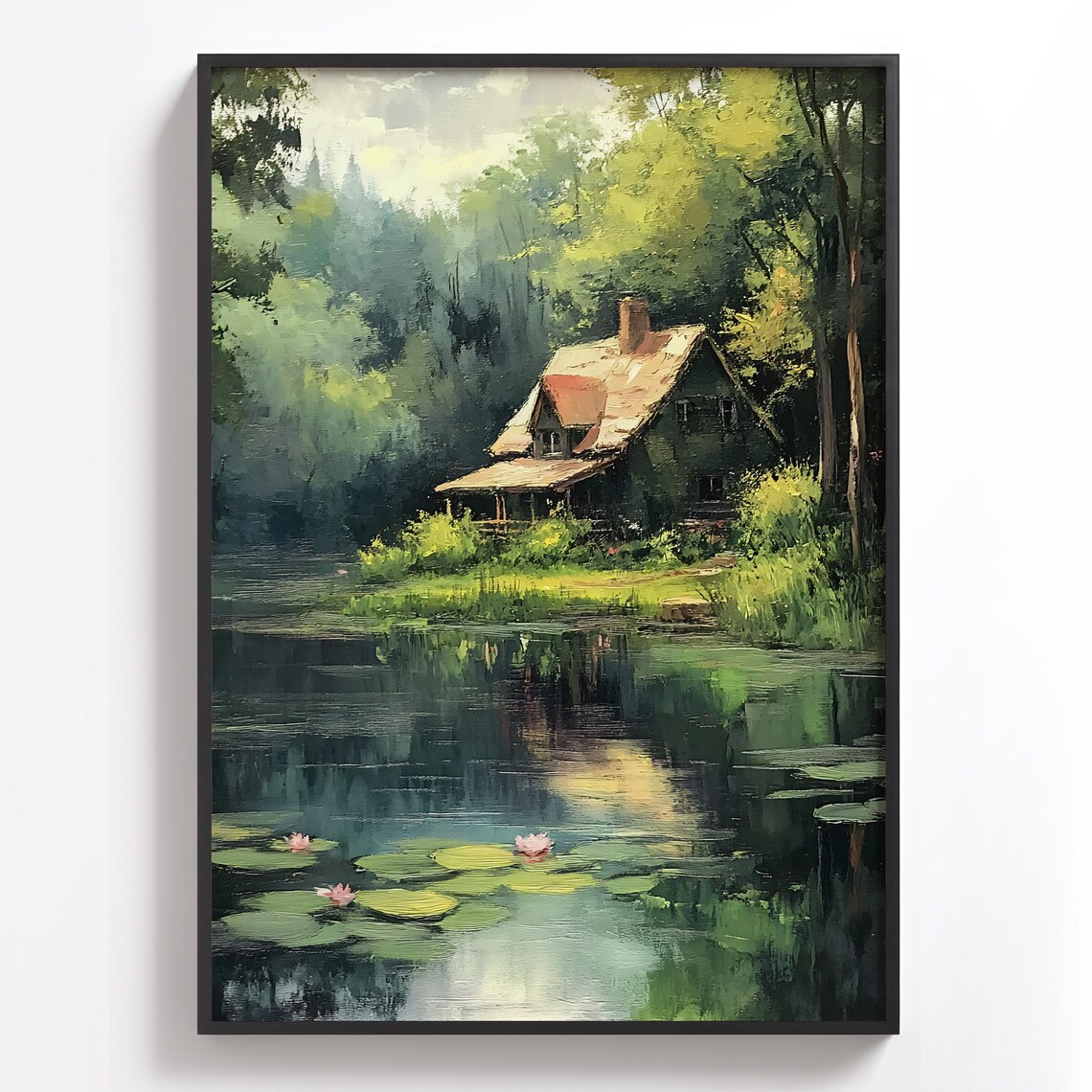 Rustic Cottage Water Lily Pond Landscape Art Print - Image 3