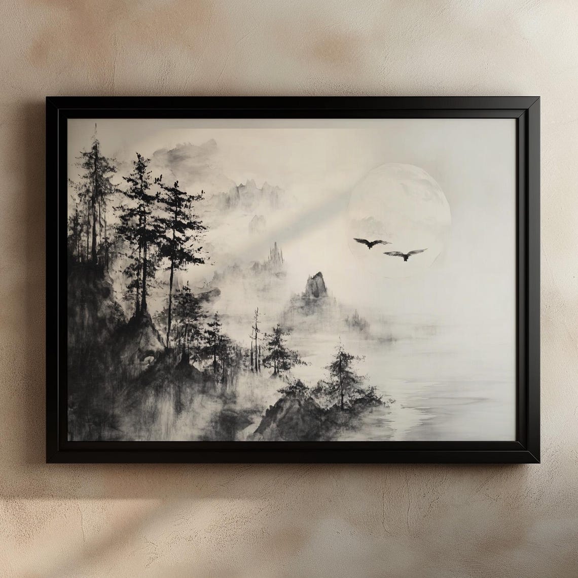 Japanese Ink Wash Painting Print Sumi E Style Decor Black And White Landscape Wall Art Zen Nature Decor Minimalist Mountain Scene - Image 3