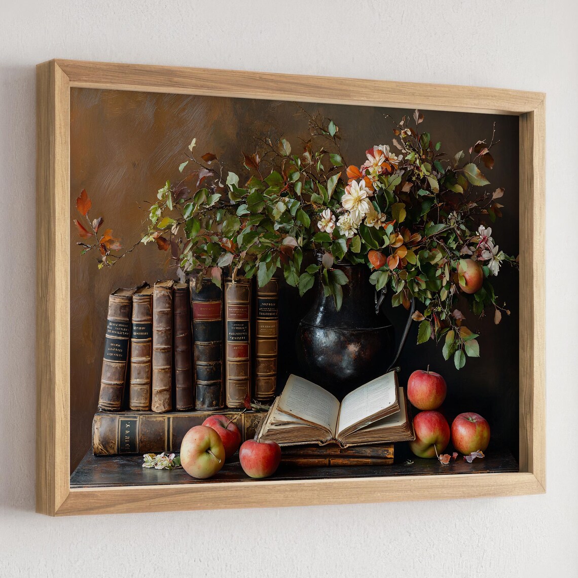 Vintage Books Apples and Flowers Still Life Painting Art Poster - Image 2