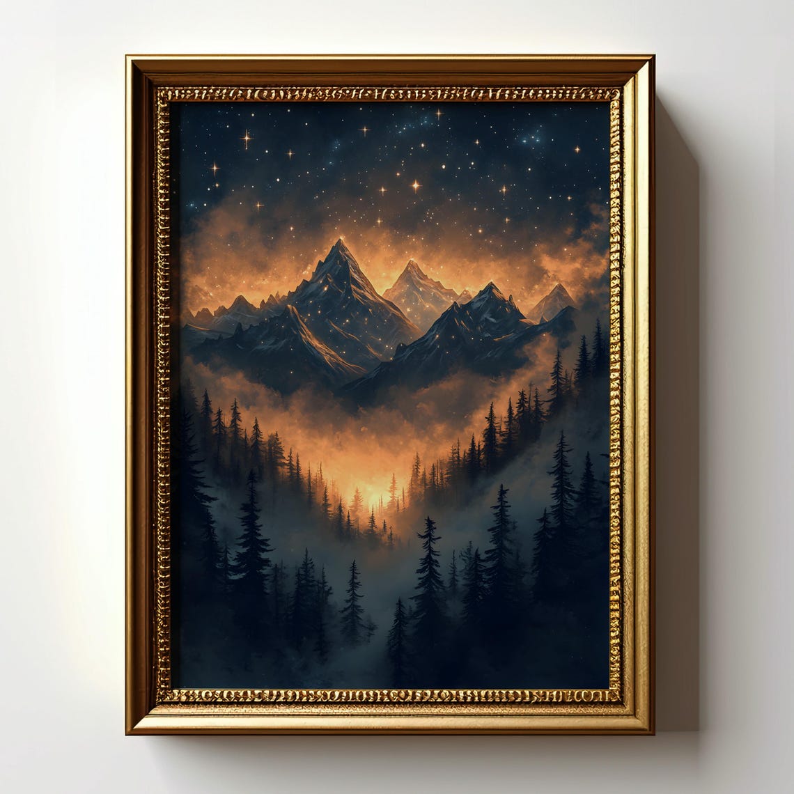 Mystical Mountain Landscape Print Fantasy Night Sky Art Glowing Forest Painting Celestial Starscape Decor Surreal Nature Wall Art - Image 4