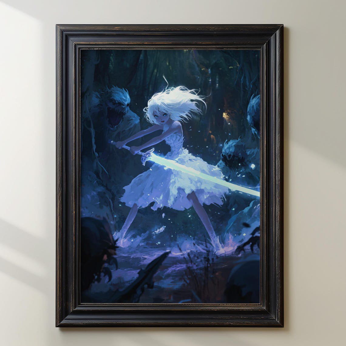 Anime Warrior Girl with Glowing Sword Dark Forest Battle Poster