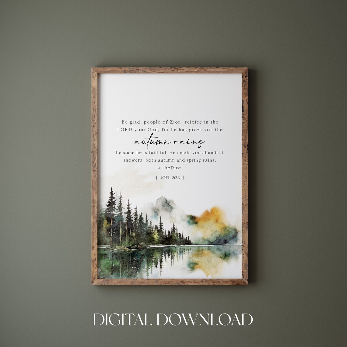 Joel 2:23 Autumn Rains Watercolor Lake Pine Forest Christian Bible Poster - Image 3